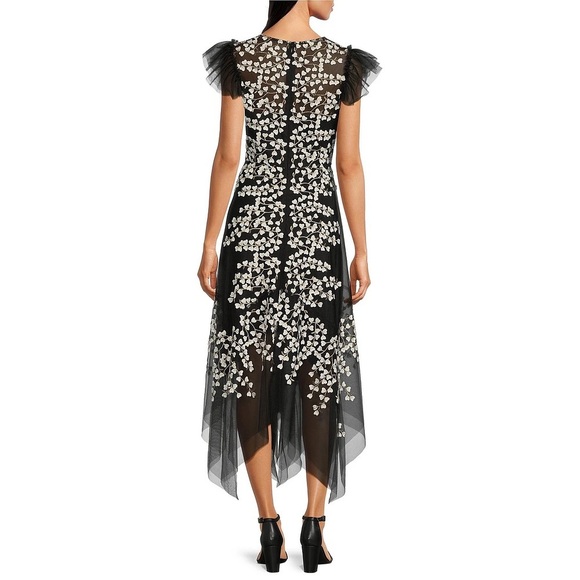 BCBGMAXAZRIA Black Embroidered Hearts Lace Feminine Asymmetrical Hem Dress 2 NWT - Picture 3 of 14